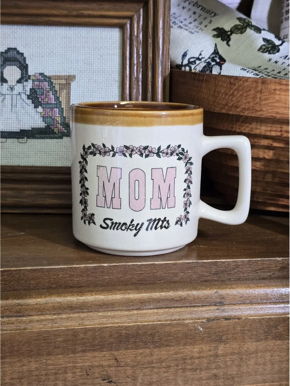 Vintage MOM Mug Retro Brown Tan Ceramic Coffee Cup Smoking Mountains